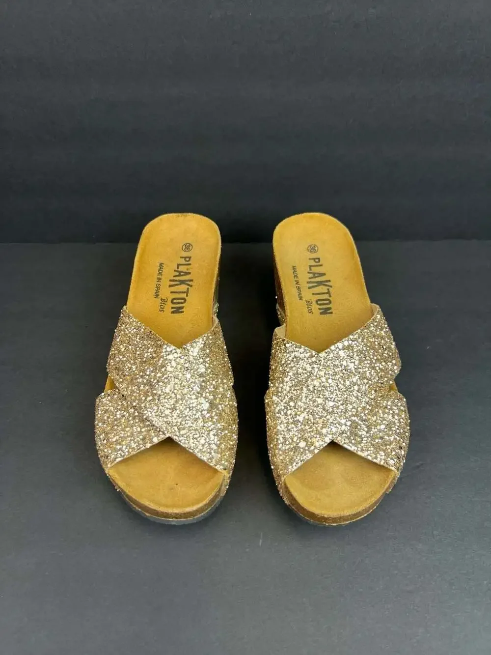 Plakton Bios Gold Glitter Cross-Strap Wedge Sandals US 7.5 Euro 38